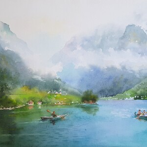 May include: Watercolor painting of a lake surrounded by mountains with fog. Two boats with people are on the lake.