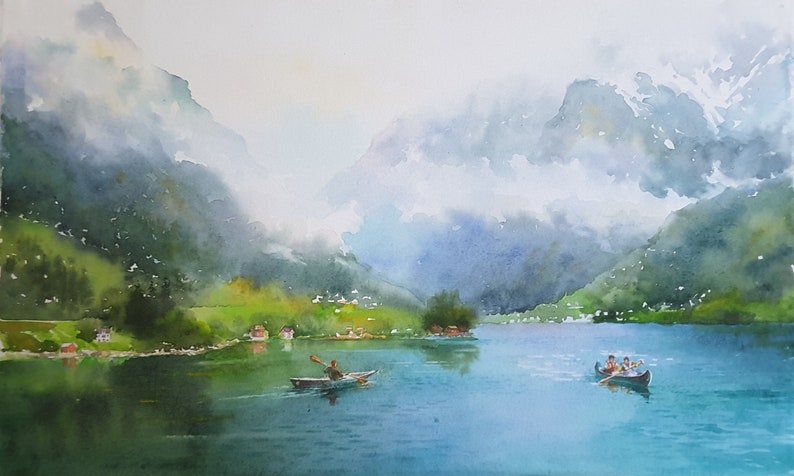 May include: Watercolor painting of a lake surrounded by mountains with fog. Two boats with people are on the lake.