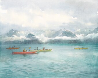 Norway Kayaking Art Print from Original Watercolor painting Norway wall decor Scandinavian decor landscape Nordic home decor Large wall art