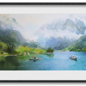 May include: A watercolor painting of a lake surrounded by mountains. The lake is a light blue color and the mountains are a dark green color. There are two boats on the lake, one with a single person rowing and the other with three people. The sky is a light blue color and there are clouds in the sky.