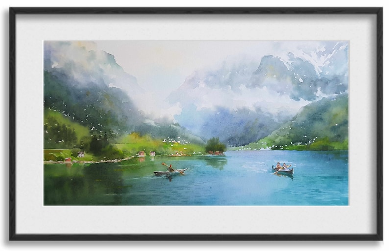 May include: A watercolor painting of a lake surrounded by mountains. The lake is a light blue color and the mountains are a dark green color. There are two boats on the lake, one with a single person rowing and the other with three people. The sky is a light blue color and there are clouds in the sky.