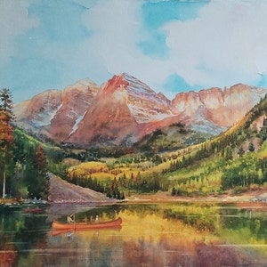 Colorado Landscape. Maroon bells. Print from an original watercolor painting. Colorado Fall Landscape. Kayaking Art