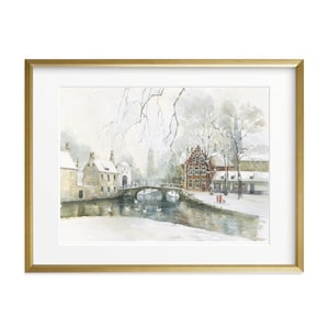 Bruges Winter Watercolor Painting: Belgium Travel Art, Giclee or Canvas Print