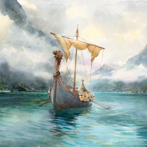 Viking Dragon Ship Watercolor Art Print: Norway Scandinavian Decor