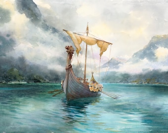 Viking Dragon Ship Watercolor Art Print: Norway Scandinavian Decor