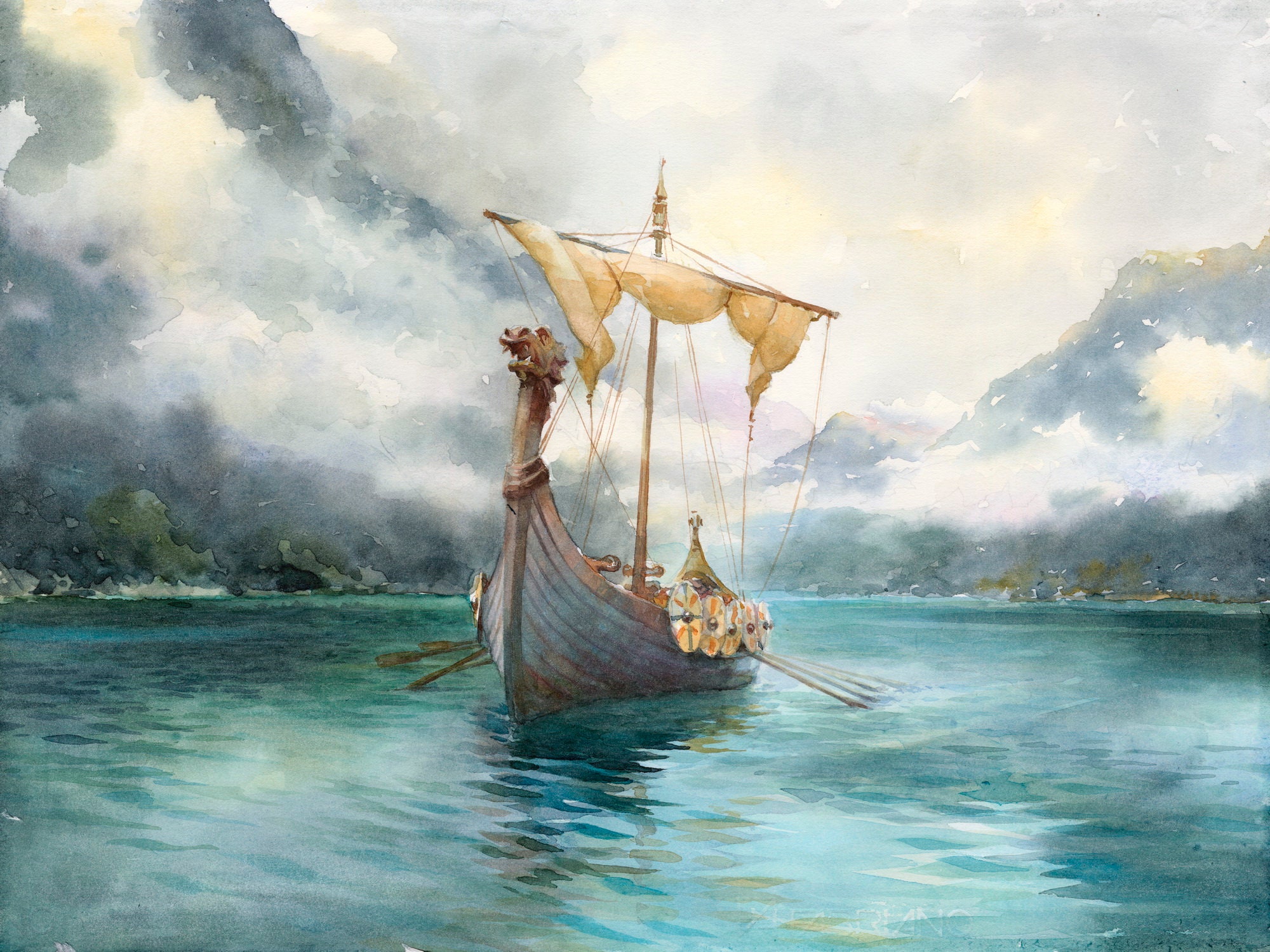 Viking Dragon Ship. Norway Watercolor Art Print. Norway Viking Etsy