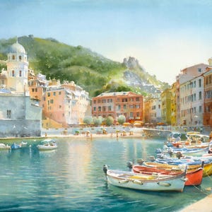 Stampa ad acquerello Cinque Terre – Vernazza, Italia – Stampa artistica con paesaggio costiero – Decorazione per la casa da viaggio nel Mediterraneo