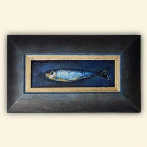Framed Fish Oil Painting: Coastal Nautical Wall Art, Original Miniature Artwork