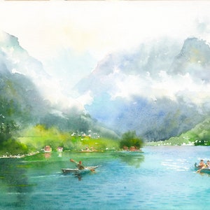 Norway Kayaking Watercolor Art Print: Scandinavian Nordic Landscape