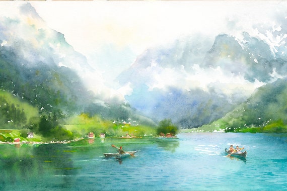 Norway Kayaking Watercolor Art Print: Scandinavian Nordic Landscape
