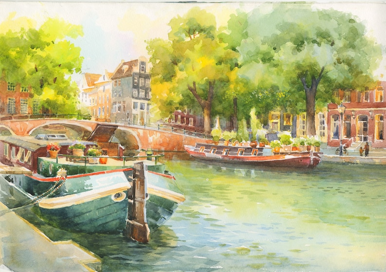 Amsterdam Art Print and Original Watercolor painting memorable gift Amsterdam gift Amsterdam artwork Amsterdam wall art