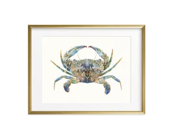 Blue Crab Watercolor Art Print: Nautical Sea Life Wall Decor