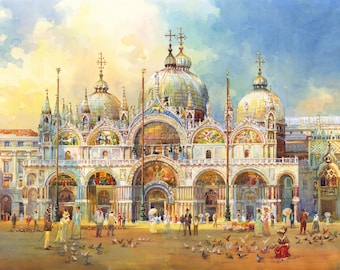Venice Piazza San Marco Watercolor Print: Vintage Italy Basilica Art