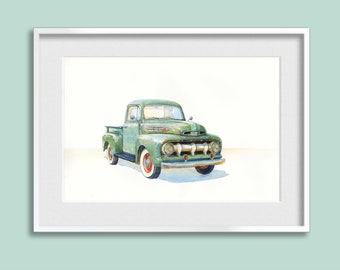 Ford Pickup truck 1952 Art Print from an original watercolor by OVS. Retro car print. Vintage car painting. Custom car painting