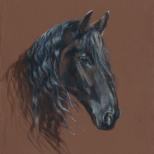Impression aquarelle cheval brun noir. art cottagecore de ferme vintage. Belle illustration de cheval. Portrait de cheval personnalisé Cadeau pour amateur de chevaux