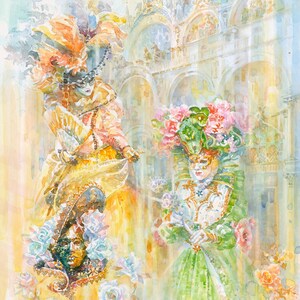Venice Carnival Masks Watercolor Painting: Venetian Window Giclee Print