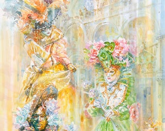 ヴェネツィアのカーニバルマスクの水彩画：ヴェネツィアの窓のジクレー