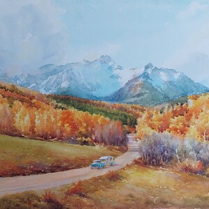 Acquerello delle Montagne Rocciose del Colorado. Stampa da un dipinto originale. Paesaggio autunnale del Colorado. Vecchio camioncino con rimorchio. Pickup retrò