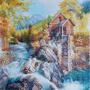 Old Water Mill Landscape Watercolor Original Art on Paper 11x14 Signed  BOWER