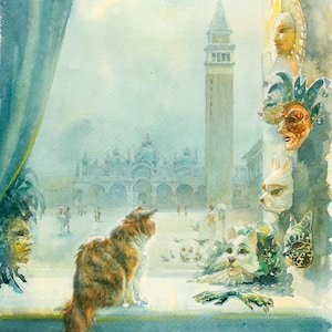 Venice Cat Watercolor Painting: Carnival Masks Giclee Print