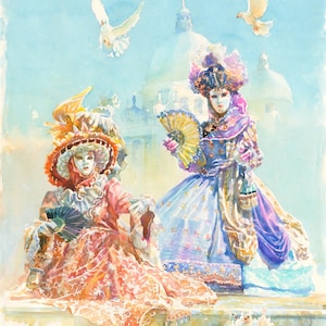 Venetian Masquerade Watercolor Painting: Venice Carnival Masks Art Print