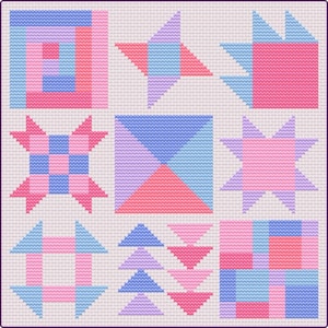 Peut inclure: Un bloc de courtepointe avec neuf motifs différents. Les motifs sont composés de carrés et de triangles roses, bleus et violets. Le bloc de courtepointe est parfait pour un débutant en courtepointe.