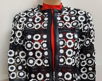 Genuine Leather Floral Pattern Lace Jacket, Black and White, Multicolor Variations