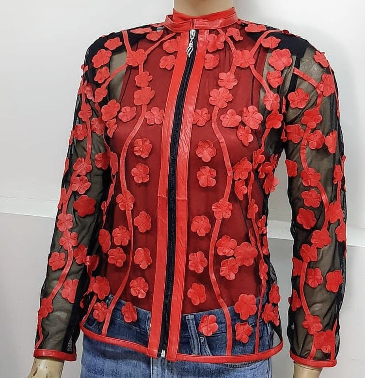 Red Genuine Leather Lace Jacket Floral Pattern Casual Chic Etsy UK