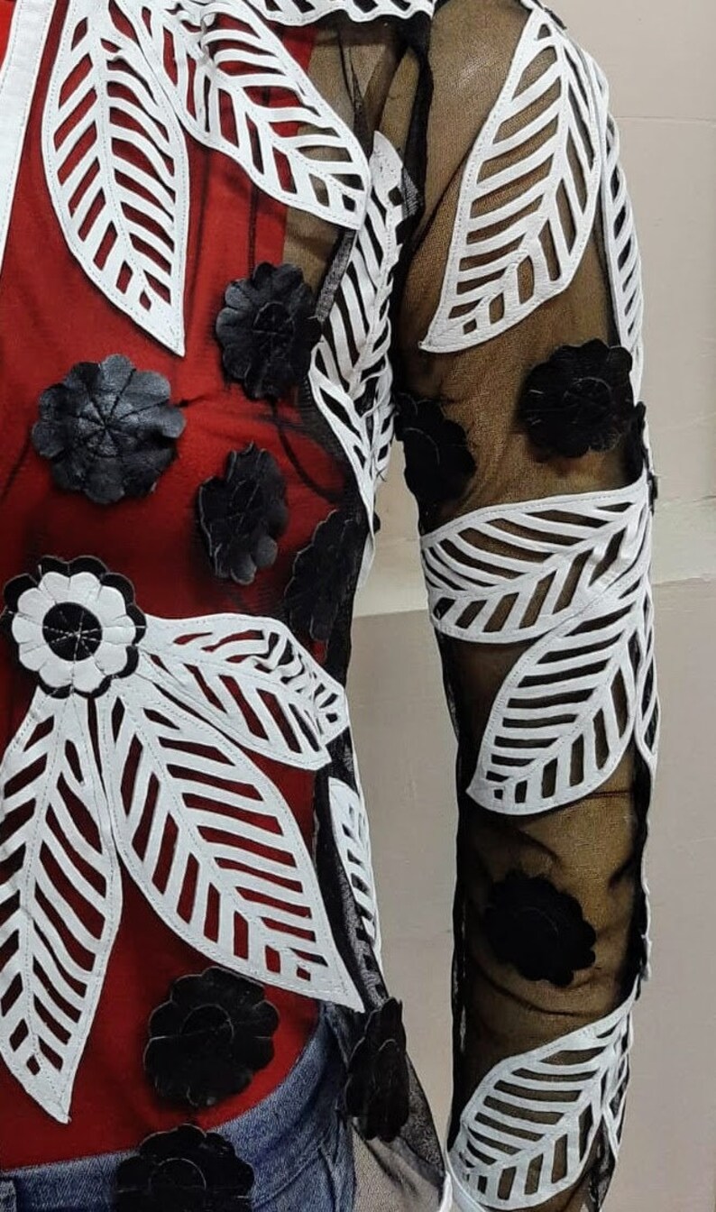 Black and White Leaf Streetwear Summer Jacket Genuine Leather Lace Jacket