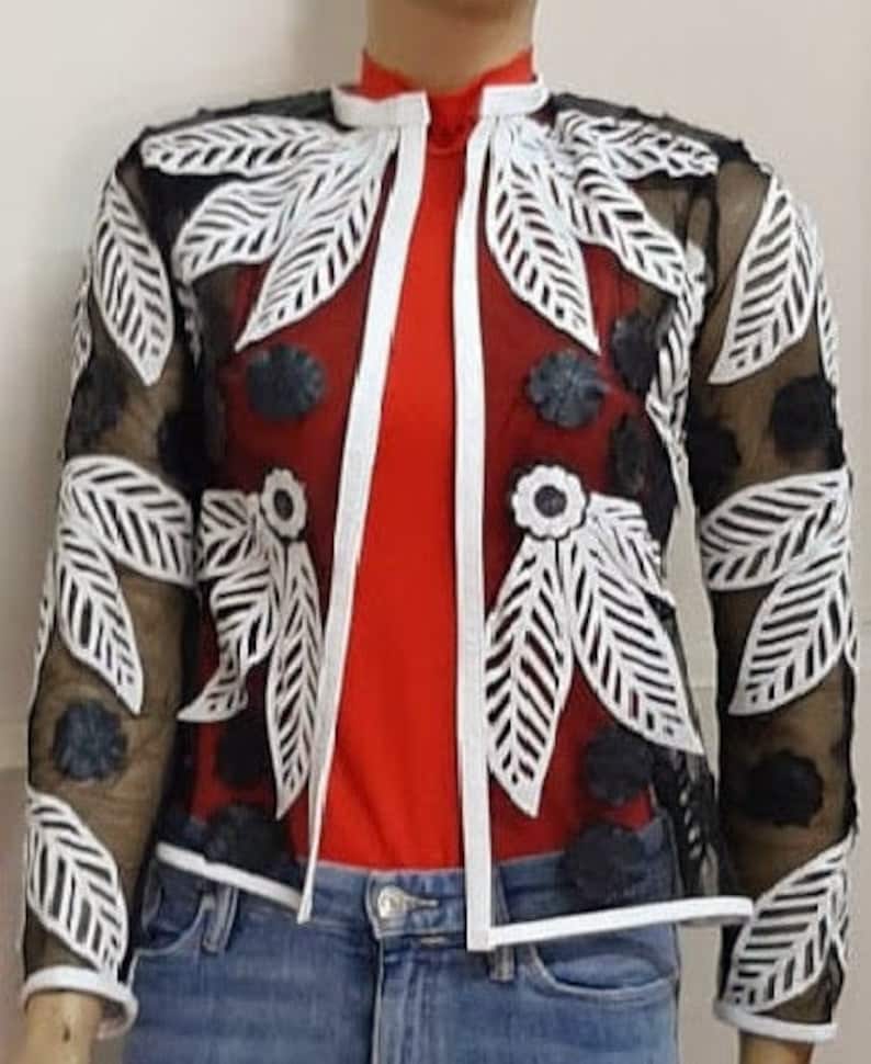 Black and White Leaf Streetwear Summer Jacket Genuine Leather Lace Jacket