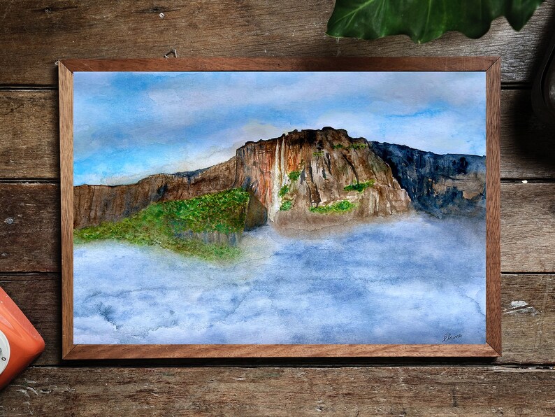May include: Watercolor painting of a mountain range with a waterfall cascading down the side. The mountain is surrounded by clouds and a blue sky.