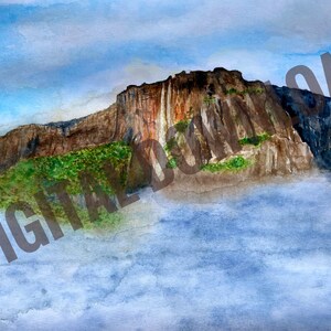 May include: Watercolor painting of a large cliff with a waterfall cascading down its side. The cliff is surrounded by clouds and a blue sky.