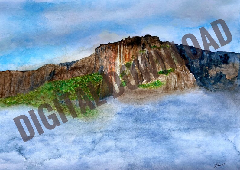 May include: Watercolor painting of a large cliff with a waterfall cascading down its side. The cliff is surrounded by clouds and a blue sky.
