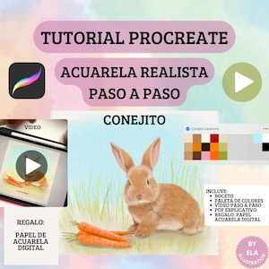 以下が含まれることがあります： Procreate 用のデジタル水彩チュートリアルで、青い空と緑の草の背景に、かわいい茶色のウサギとニンジンが描かれています。チュートリアルには、スケッチ、カラーパレット、ステップバイステップのビデオ、PDFガイドが含まれています。デジタル水彩紙がボーナスとして含まれています。