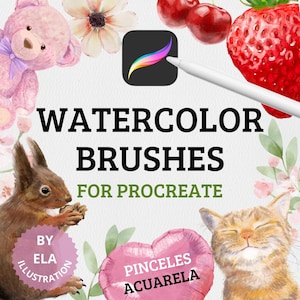 May include: A digital art graphic with the text "WATERCOLOR BRUSHES FOR PROCREATE". The image includes a pink teddy bear, a squirrel, a cat, a strawberry, cherries, and a flower. A stylus points to the Procreate app icon.