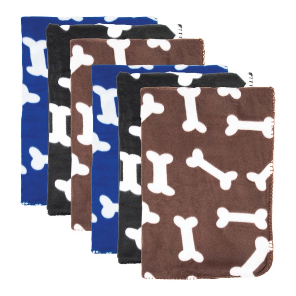 Pet Blankets (6 Pack), Size Options, Dog Bone Design, Soft Polar Fleece