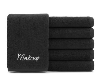 Cotton Makeup Removal Towel (6 Pack), 13x13 in. or 11x17 in., Black, 100% Cotton, Decorative Cursive Embroidery