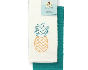 Kitchen Towel Set of 2 Towels- Pineapple Embroidered Towel and Matching Green Towel - 100% Cotton - 16 x 26