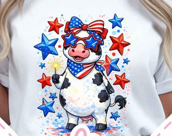 Patriotic Cow PNG, American Flag Farmhouse Art, USA Animal Graphic (Digital Download)
