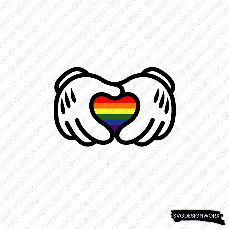 May include: Two white cartoon hands holding a rainbow heart. The hands are in the shape of Mickey Mouse gloves.