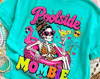 Imagen PNG de una mamá junto a la piscina, diseño de playa espeluznante, verano preppy, descarga digital.