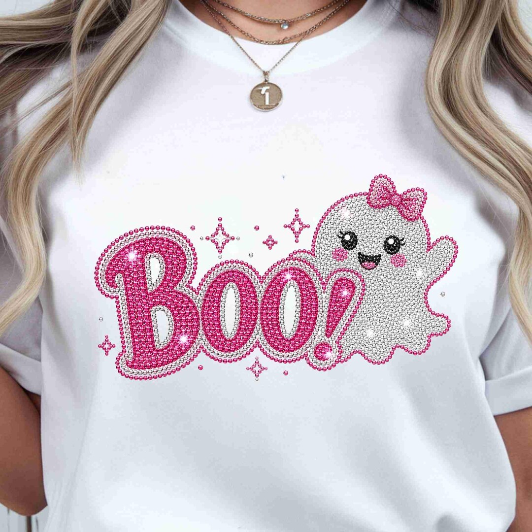 Rhinestone Boo Rhinestone Halloween Ghost PNG, Pink Preppy Boo Design (digital ...