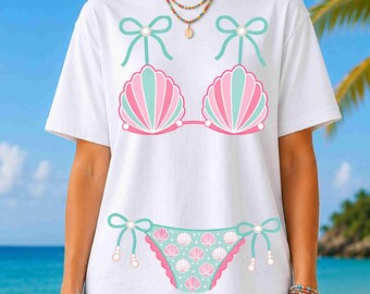 貝殻ビキニPNG、コケットサマーシャツデザイン、ビーチグラフィックTシャツ（デジタルダウンロード）