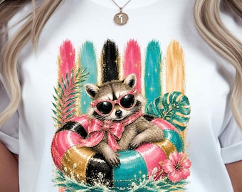 Adretter Sommer PNG Waschbär-Sommer PNG Girly Strand-T-Shirt Retro Leopard-Shirt-Design Niedliche Sommer-Grafik Summer Vibes Png Digital Download