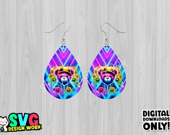 Neon Teddy bear earring sublimation design Template, PNG, High resolution,Teardrop earring designs, sublimation designs