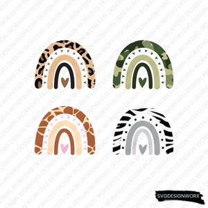 Puede incluir: Cuatro diseños de arcoíris con diferentes patrones de estampado animal. Los arcoíris son en tonos de marrón, beige y blanco con un corazón rosa en el centro. Los estampados de animales son leopardo, camuflaje, jirafa y cebra.