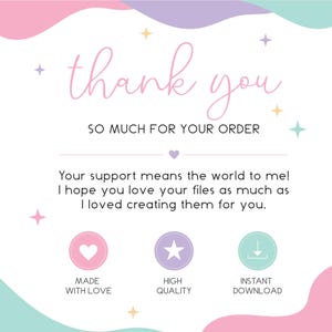K&ouml;nnte beinhalten: Eine pastellfarbene Grafik mit den Worten "thank you" in Schreibschrift. Der Text "SO MUCH FOR YOUR ORDER" steht darunter. Symbole f&uuml;r "Made with Love", "High Quality" und "Instant Download" sind ebenfalls enthalten.