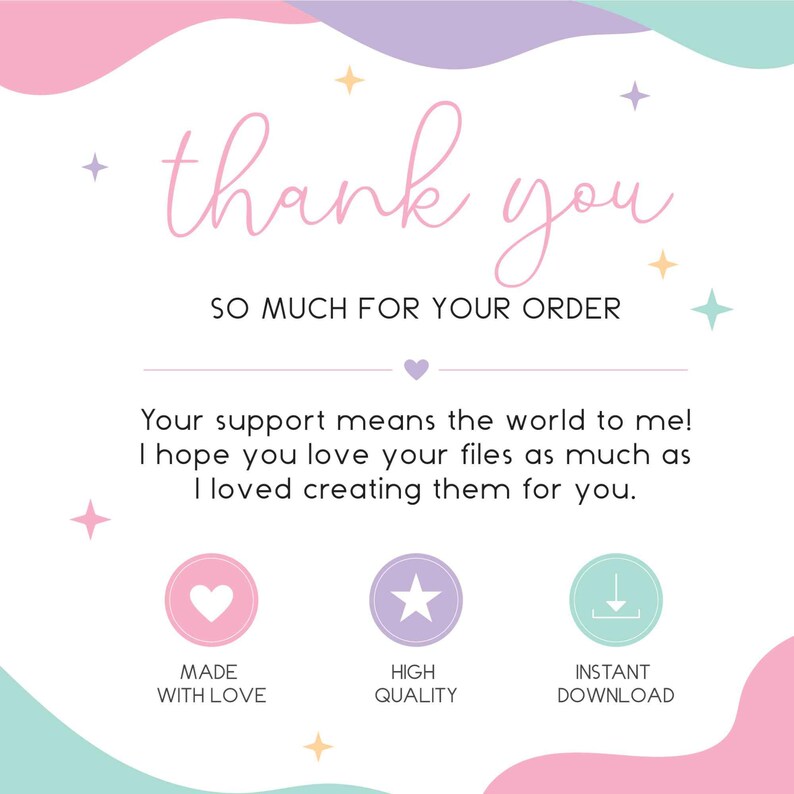 K&ouml;nnte beinhalten: Eine pastellfarbene Grafik mit den Worten "thank you" in Schreibschrift. Der Text "SO MUCH FOR YOUR ORDER" steht darunter. Symbole f&uuml;r "Made with Love", "High Quality" und "Instant Download" sind ebenfalls enthalten.