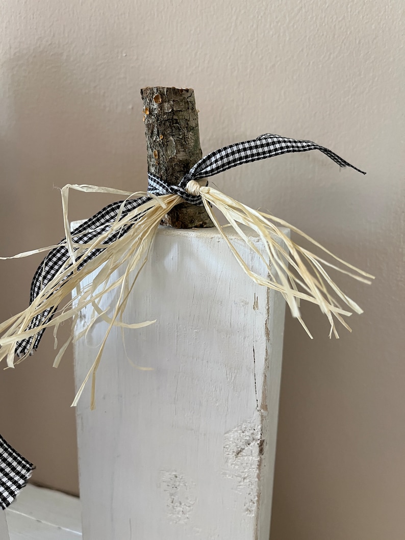 May include: White wooden block with a natural wood branch attached to the top. The branch is tied with black and white checkered ribbon and natural raffia.