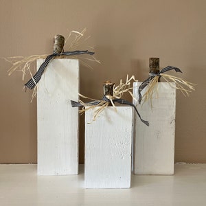 May include: Three white wooden pumpkins with a rustic, farmhouse style. Each pumpkin has a natural twig stem and is decorated with burlap and black and white checkered ribbon.